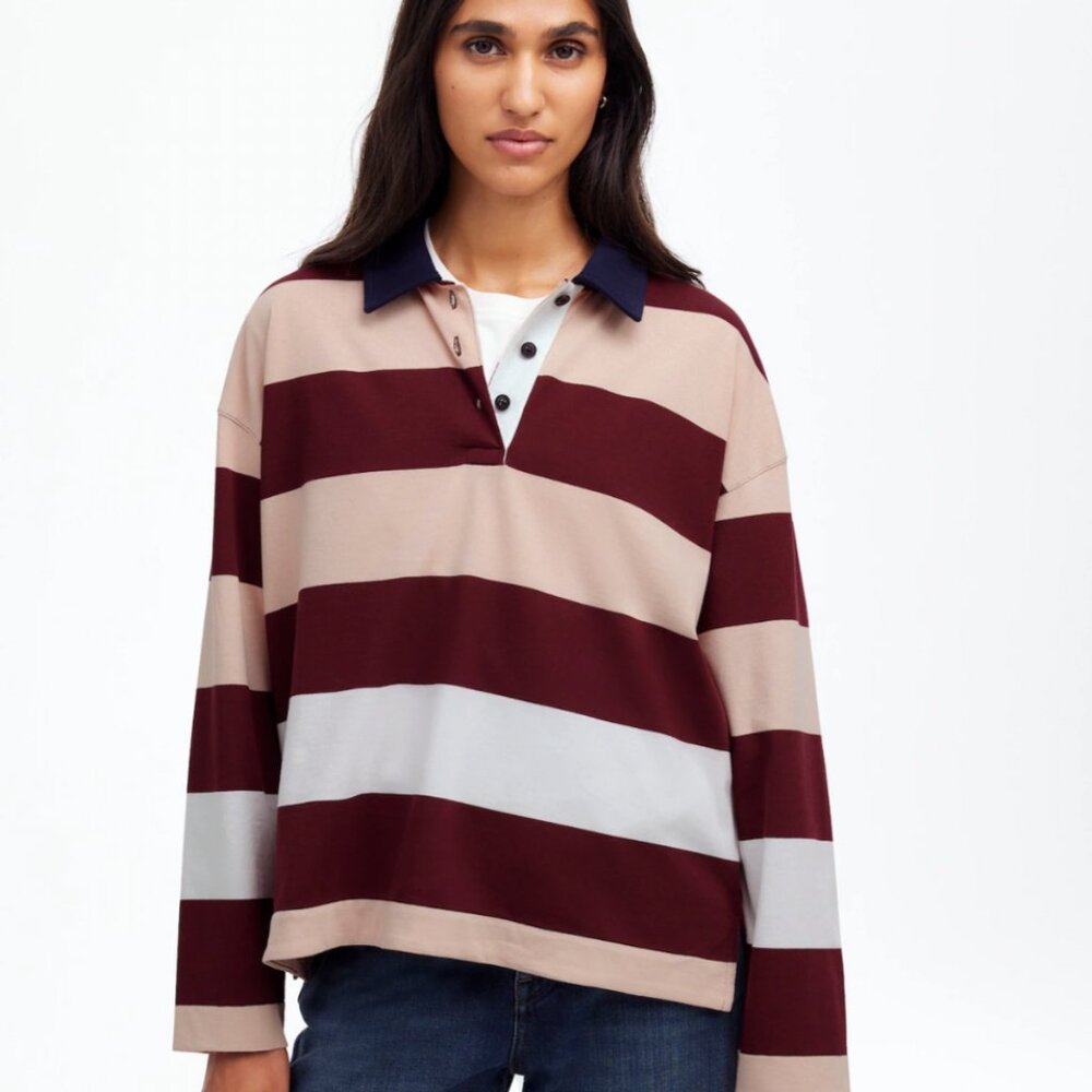 Madewell Stripped Rugby Long-Sleeve Polo Shirt in Cabernet - Size - Medium